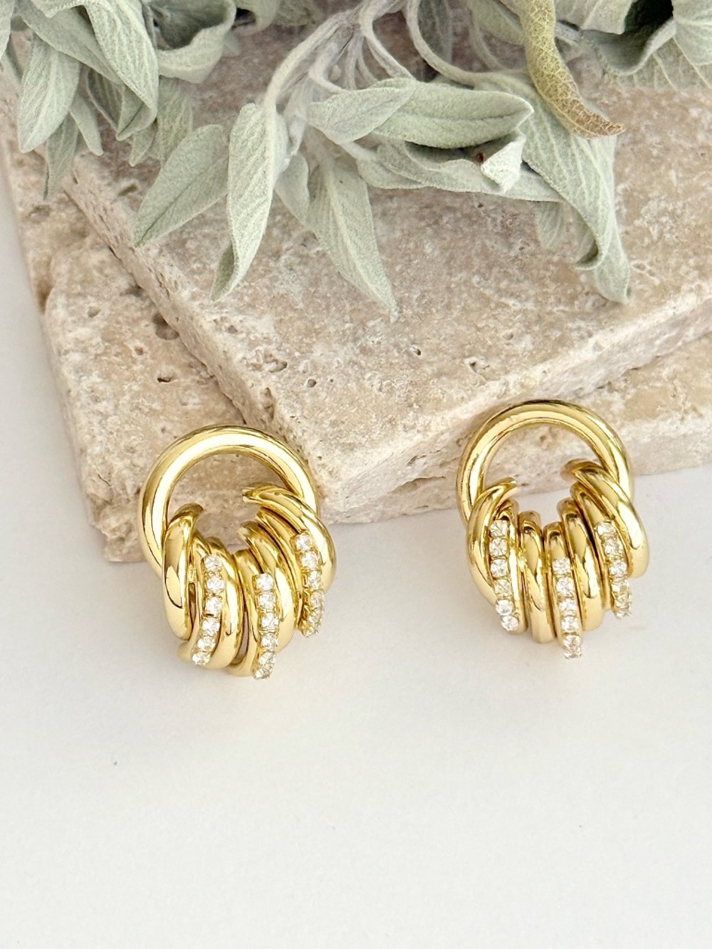 14K Gold Plated Ribbed & Circle Stud Earrings | CZ Encrusted Layered Statement - Picture 4 of 9